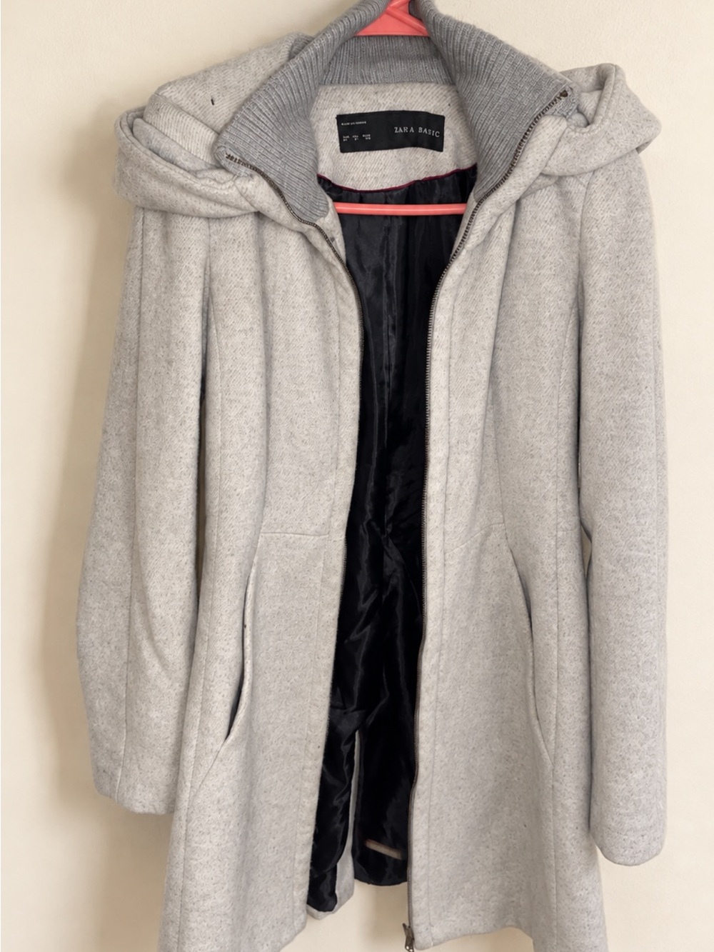 Zara Light Gray Hooded Wool-Blend Trench Coat